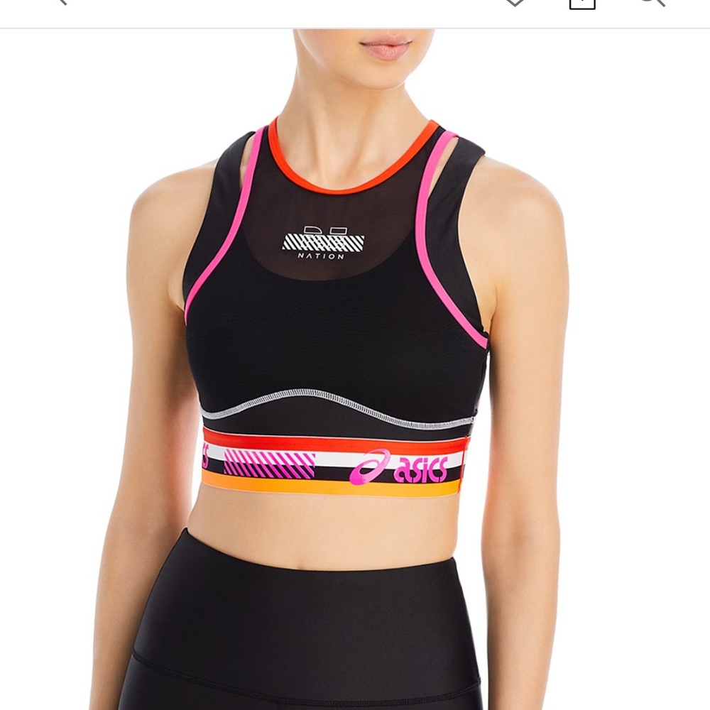 P.E Nation Black Sports Bra with Pink and Orange Highlights
